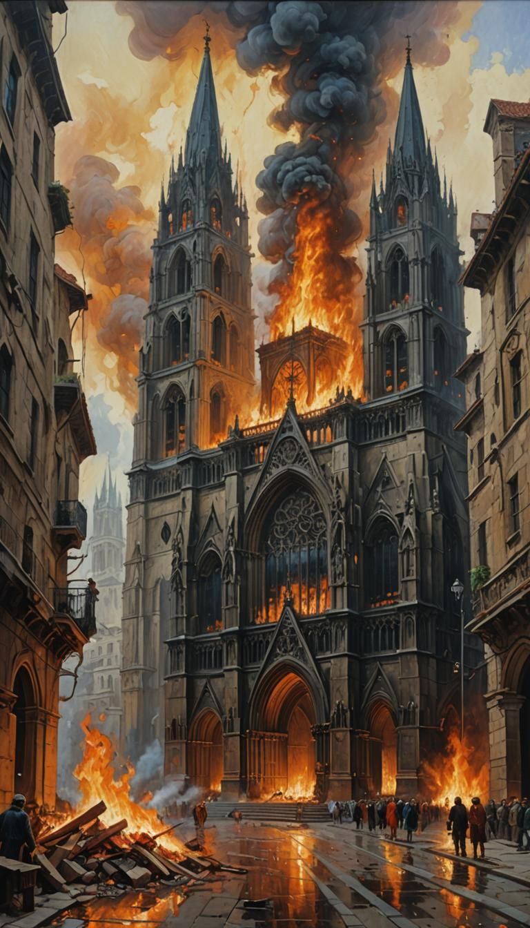 Burning Cathedral as Oil Painting