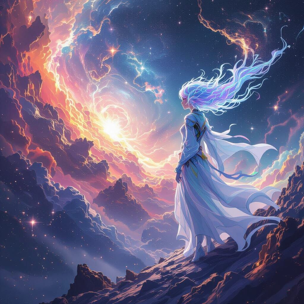 Cosmic Being Gazes at Universe in 3D Anime Style