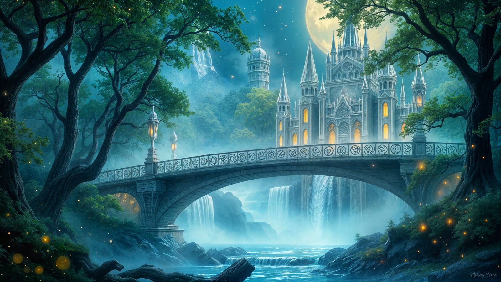 Mystical Bridge Connects Dreamlike Castle to Vibrant Forest