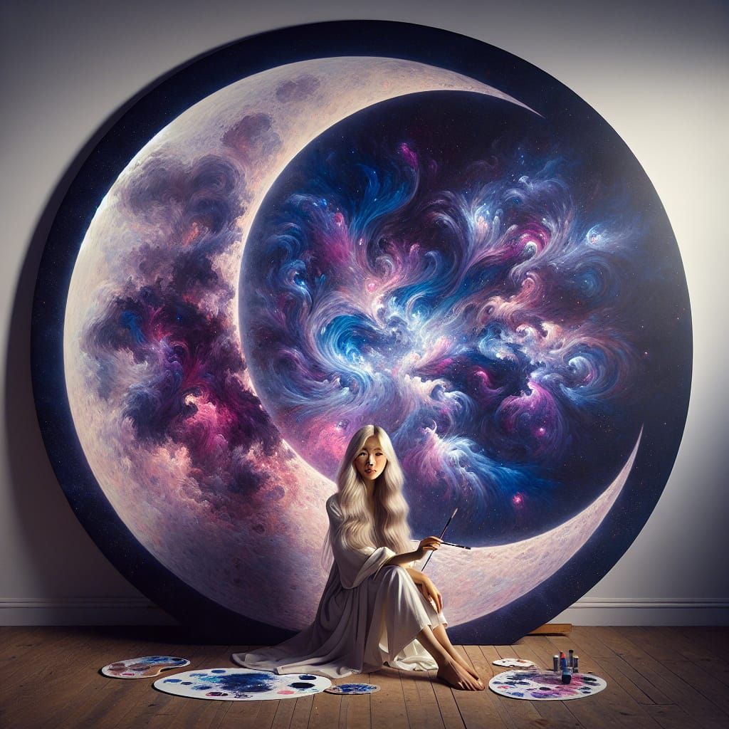 Young Woman Paints Cosmic Canvas by Crescent Moon