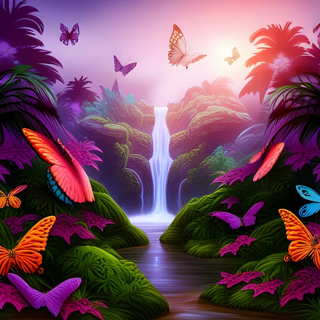 Lush Rainforest Waterfall in Detailed Matte Painting