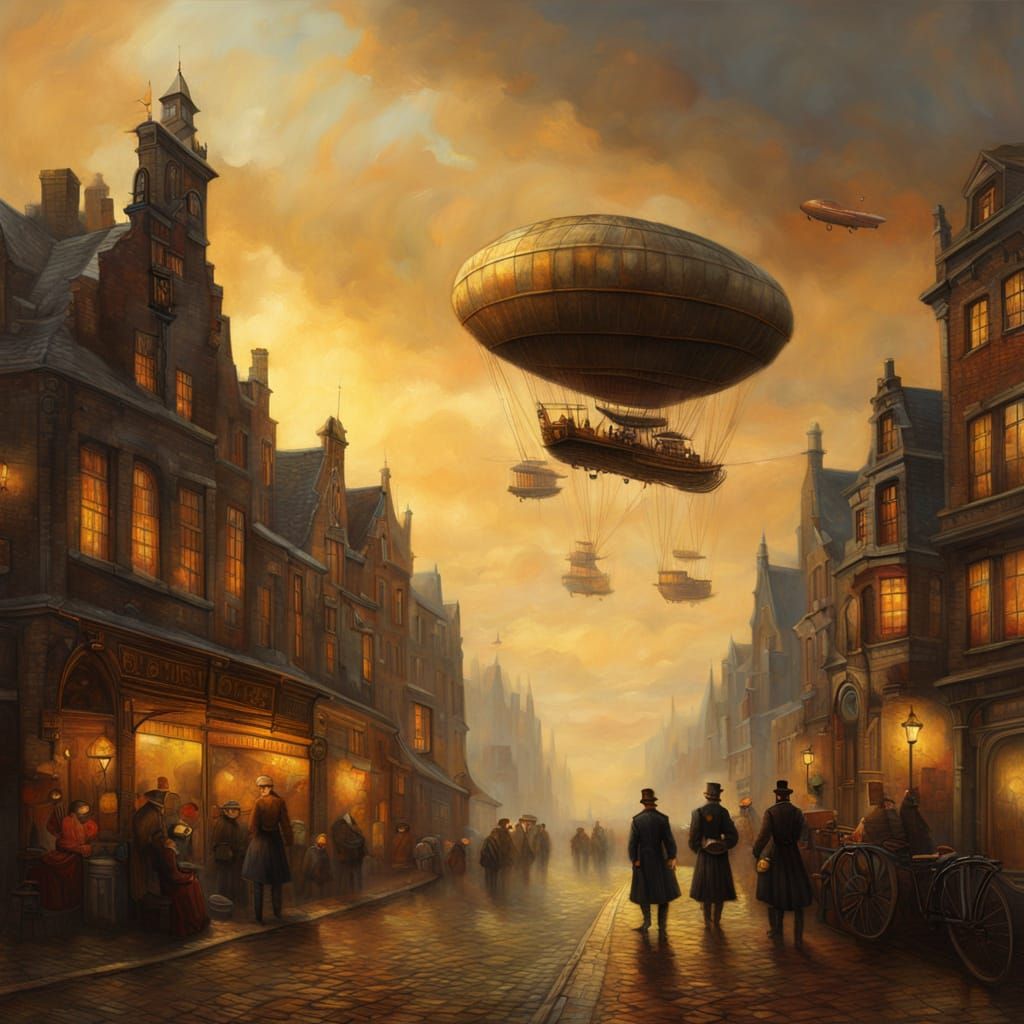 Steampunk Airship Soars Over Golden Age Cityscape
