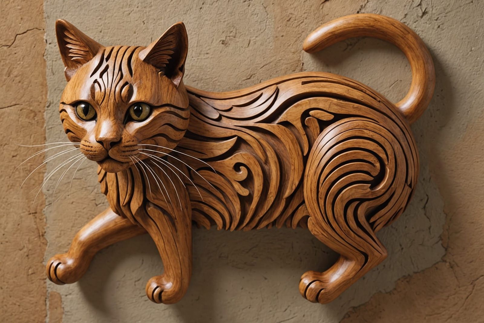 Exquisite Wooden Cat Sculpture in Teak Wood