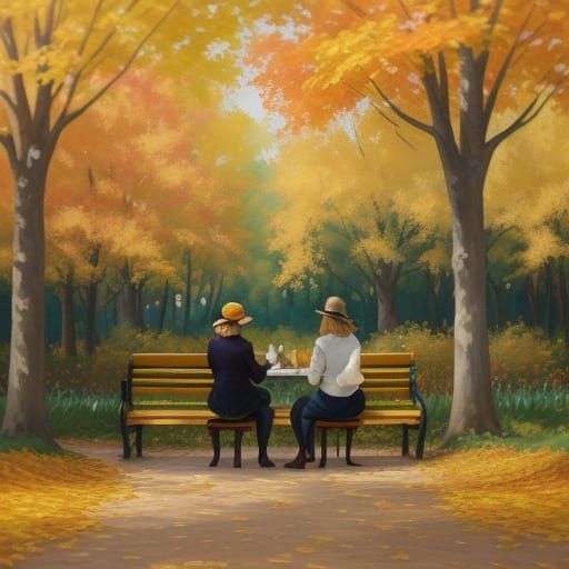 Impressionist Autumn Scene: Women in Park with Fall Colors