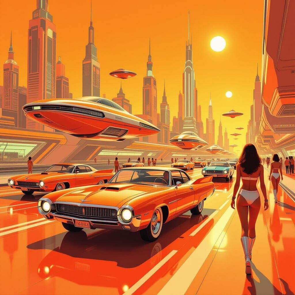 Retro-Futuristic Cityscape in Orange with Sci-Fi Vehicles
