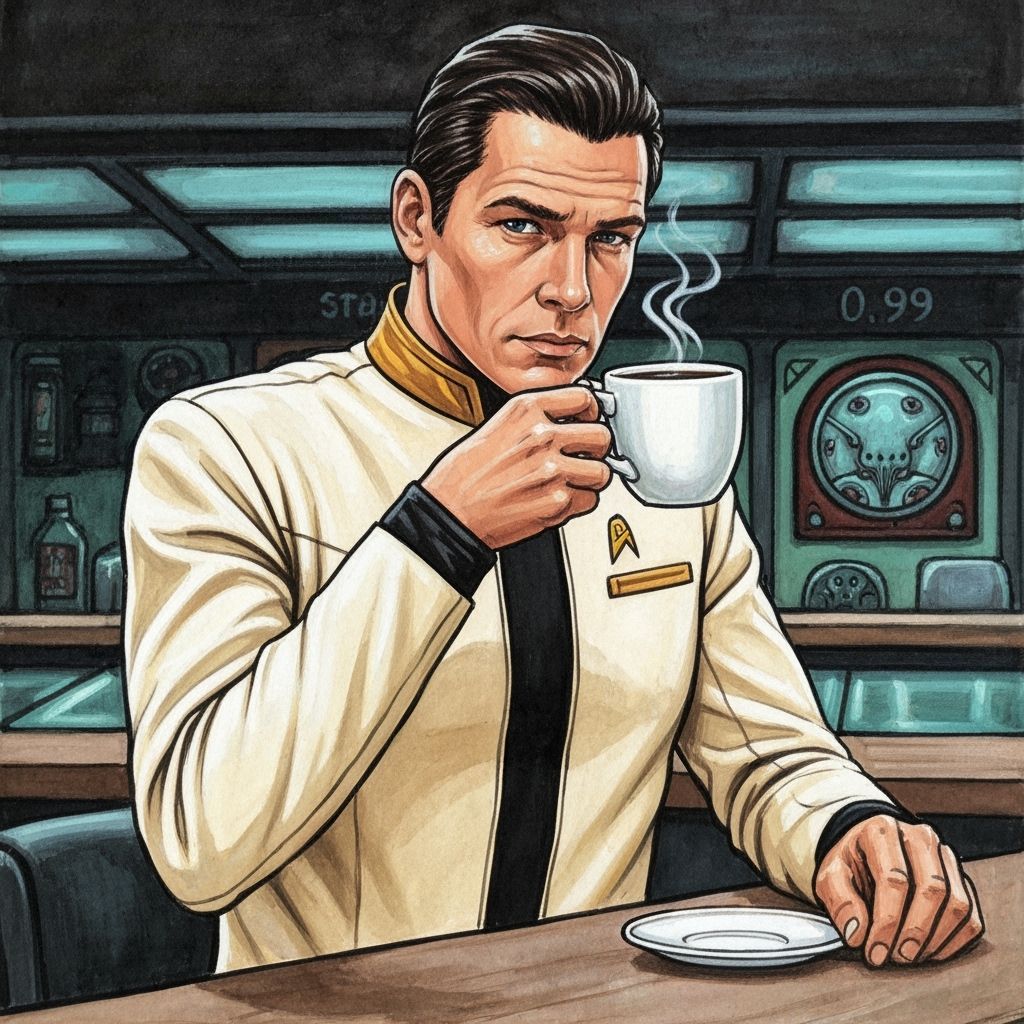 Star Trek Officer Enjoying Coffee: Gouache Painting