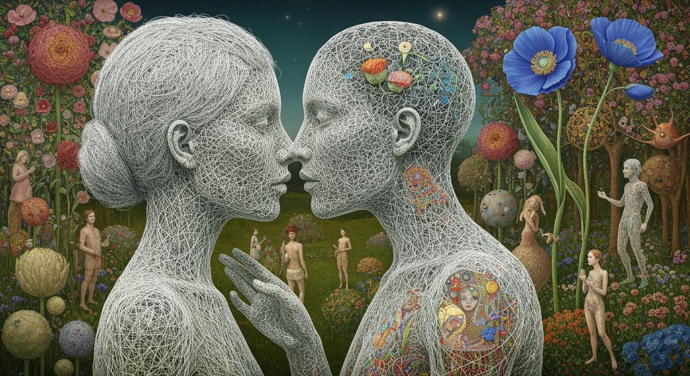 Ethereal String Woman Kissing Garden, Eco-Art