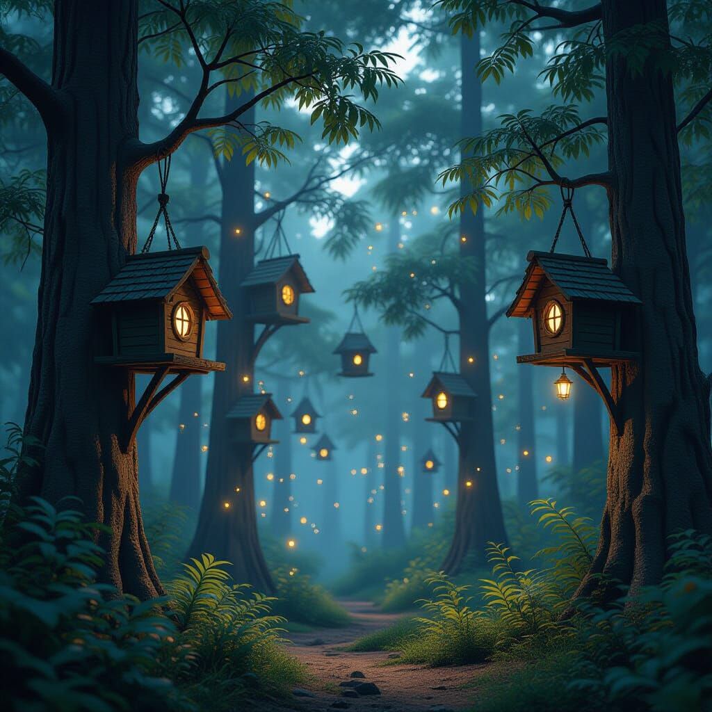 Enchanted Forest Birdhouses Aglow with Fireflies
