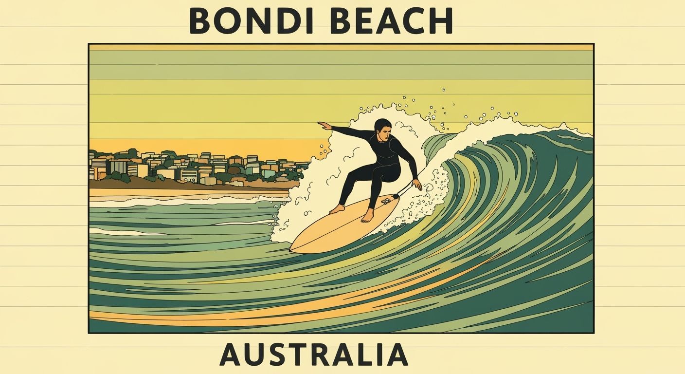 Bondi Beach Australia Surf Art in Graphic Style