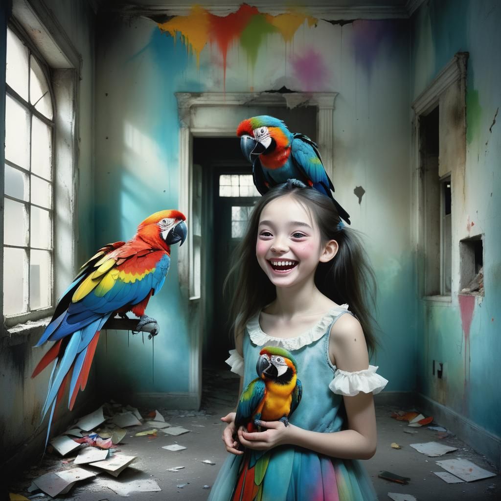 Girl with Macaws in Abandoned Room