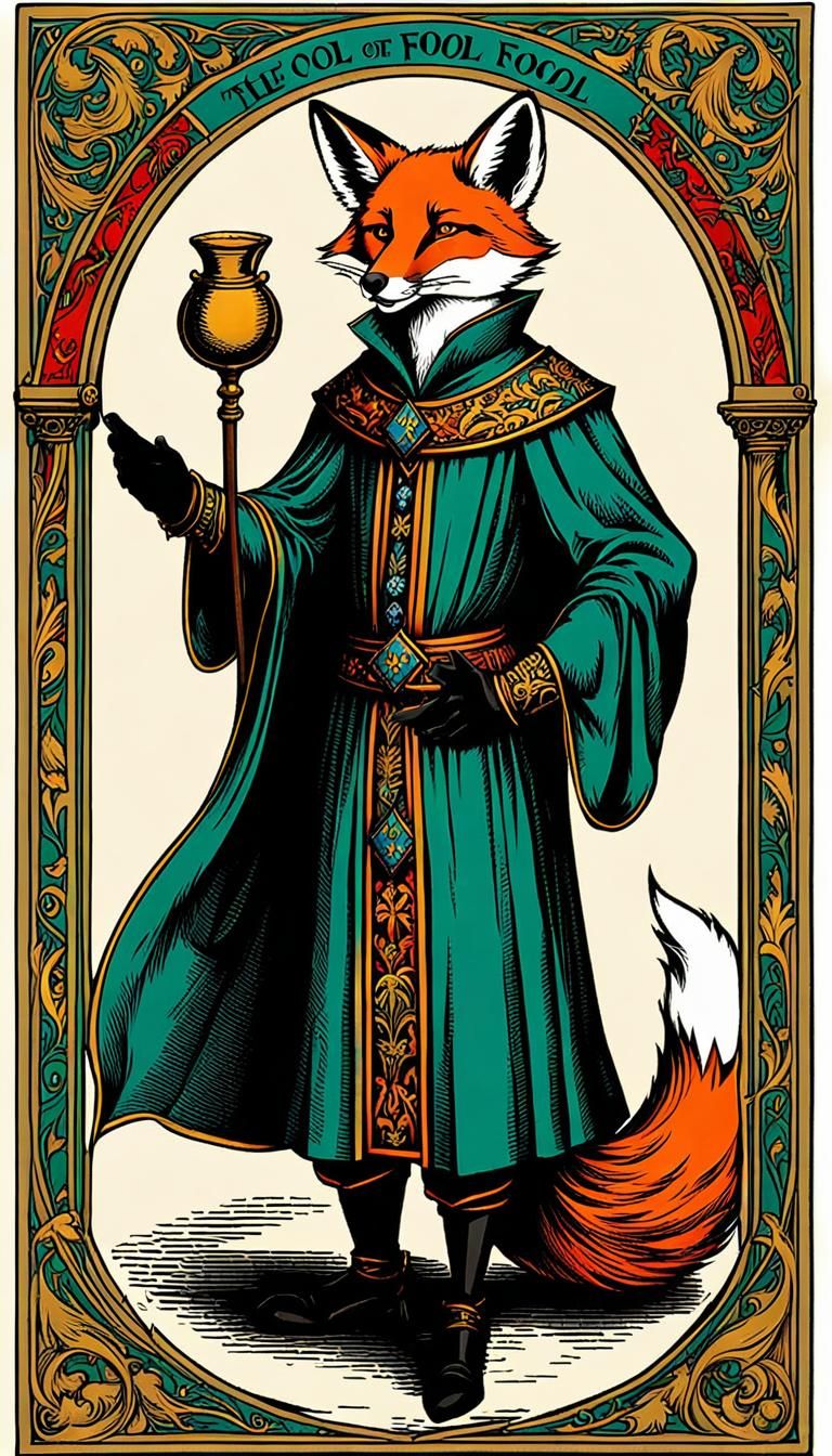 Fox as The Fool Tarot Card in Medieval Style