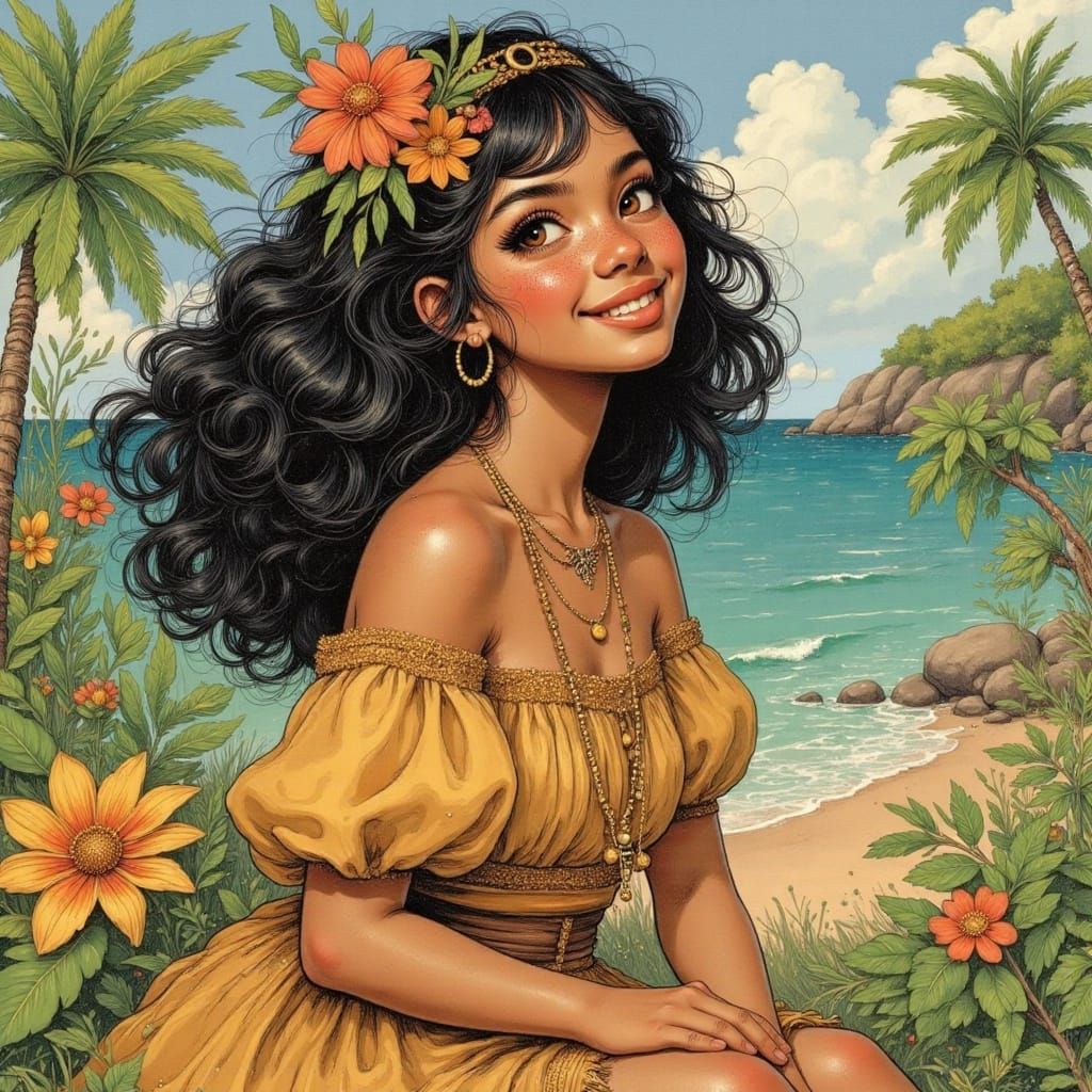 Traditional Polynesian Goddess in Whimsical Style
