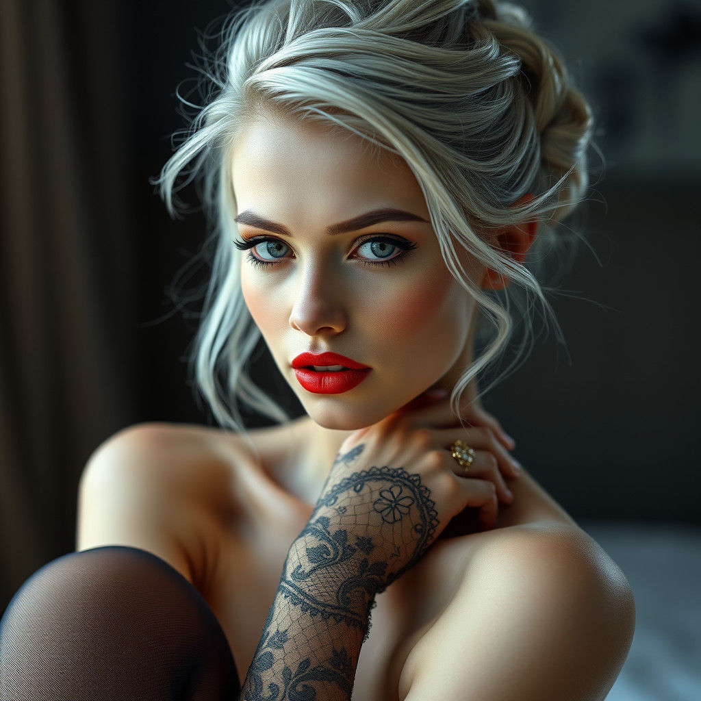 Elegant Woman with Silver Hair and Red Lips