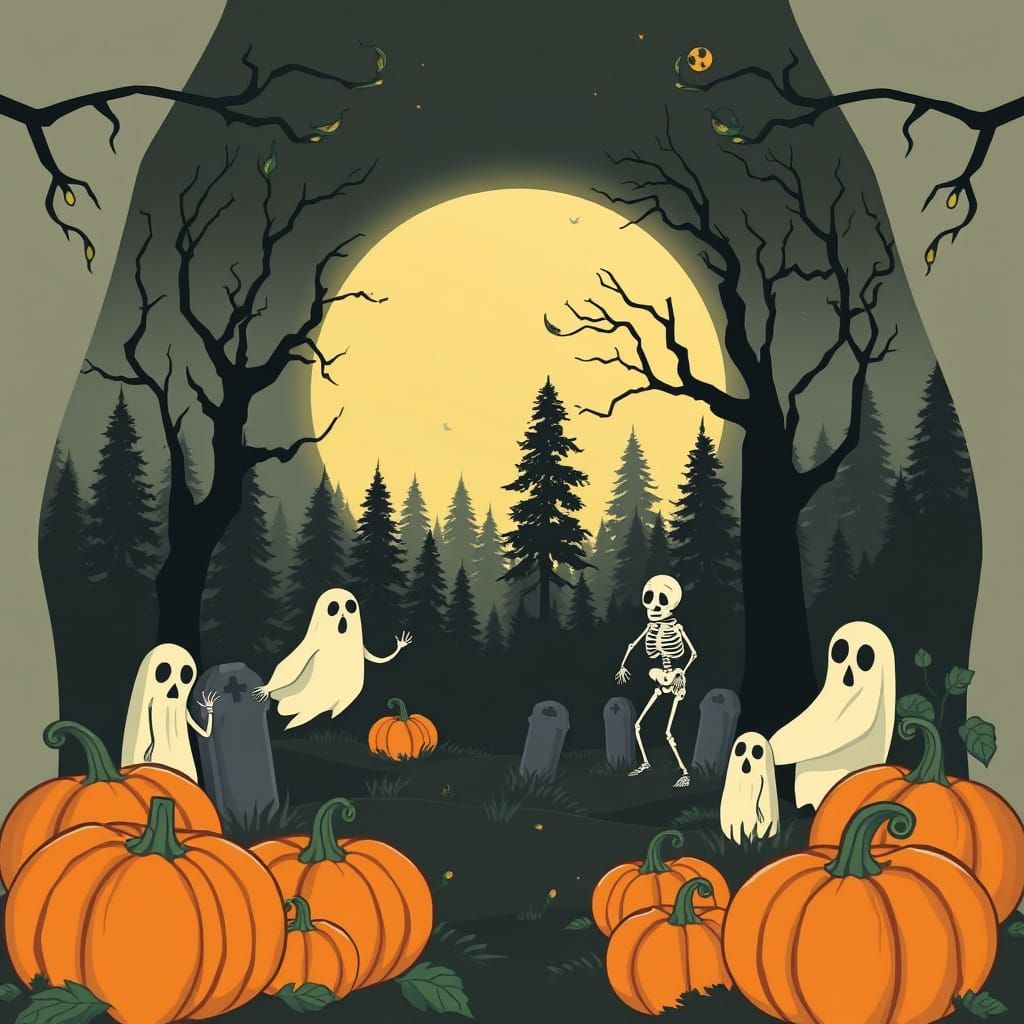 Vintage 1920s Cartoon Graveyard Scene Under Full Moon