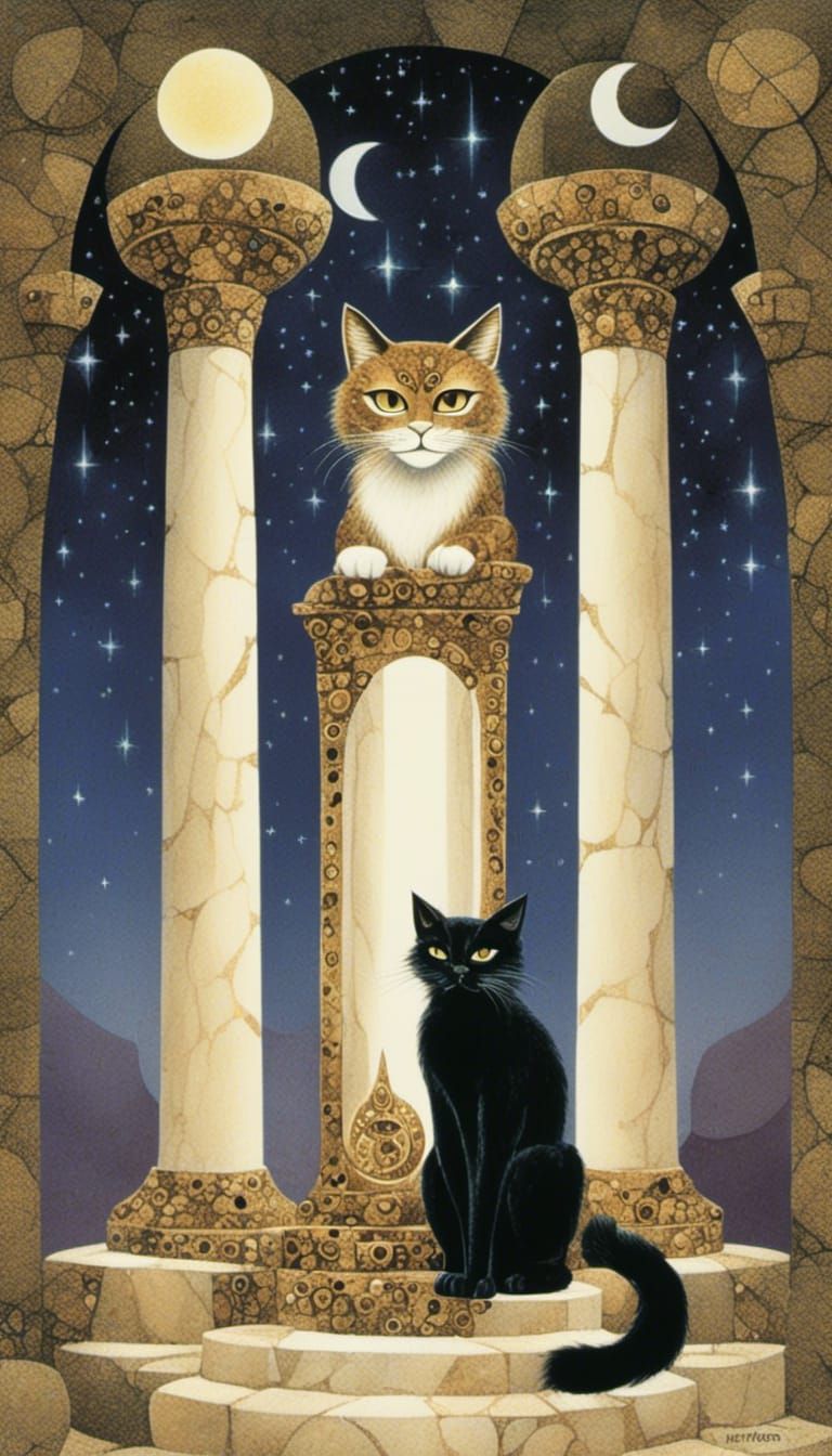 <lora:Feline Folk:1.0> A mystical-looking cat sitting between two tall pillars, one white and one black. The cat’s eyes ...