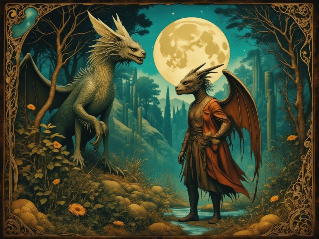 Snallygaster and Jabberwocky in Moonlit Forest
