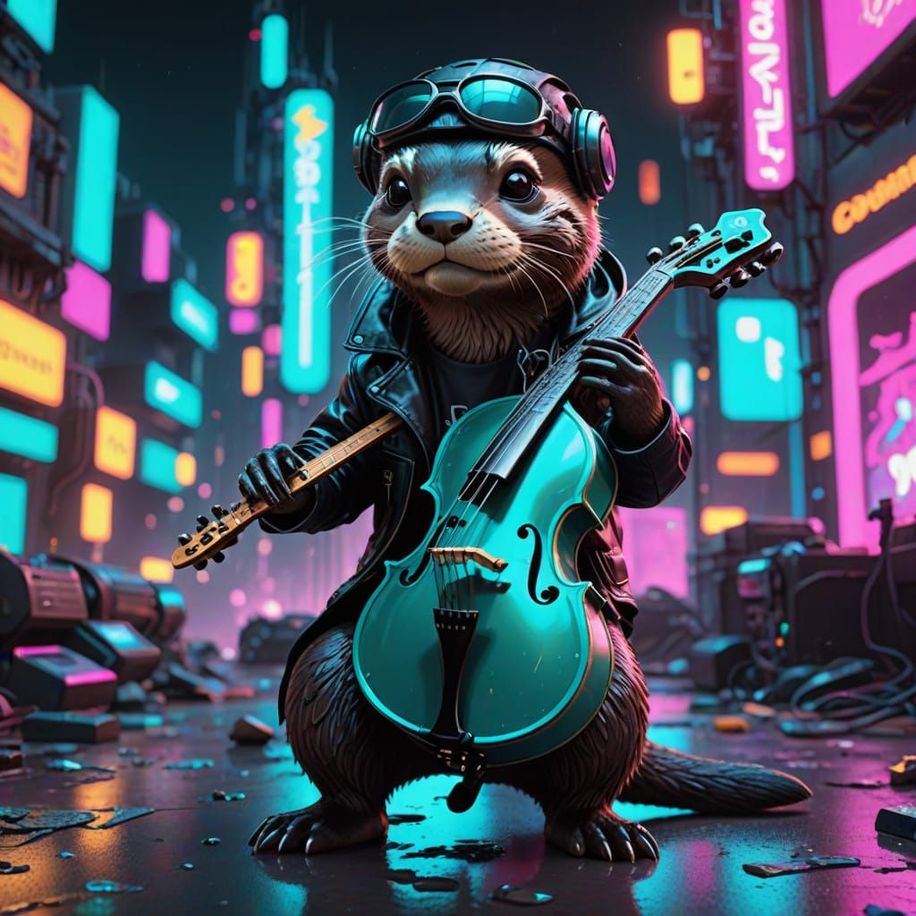 Cute Cyberpunk Baby Otter Cellist in Neon City