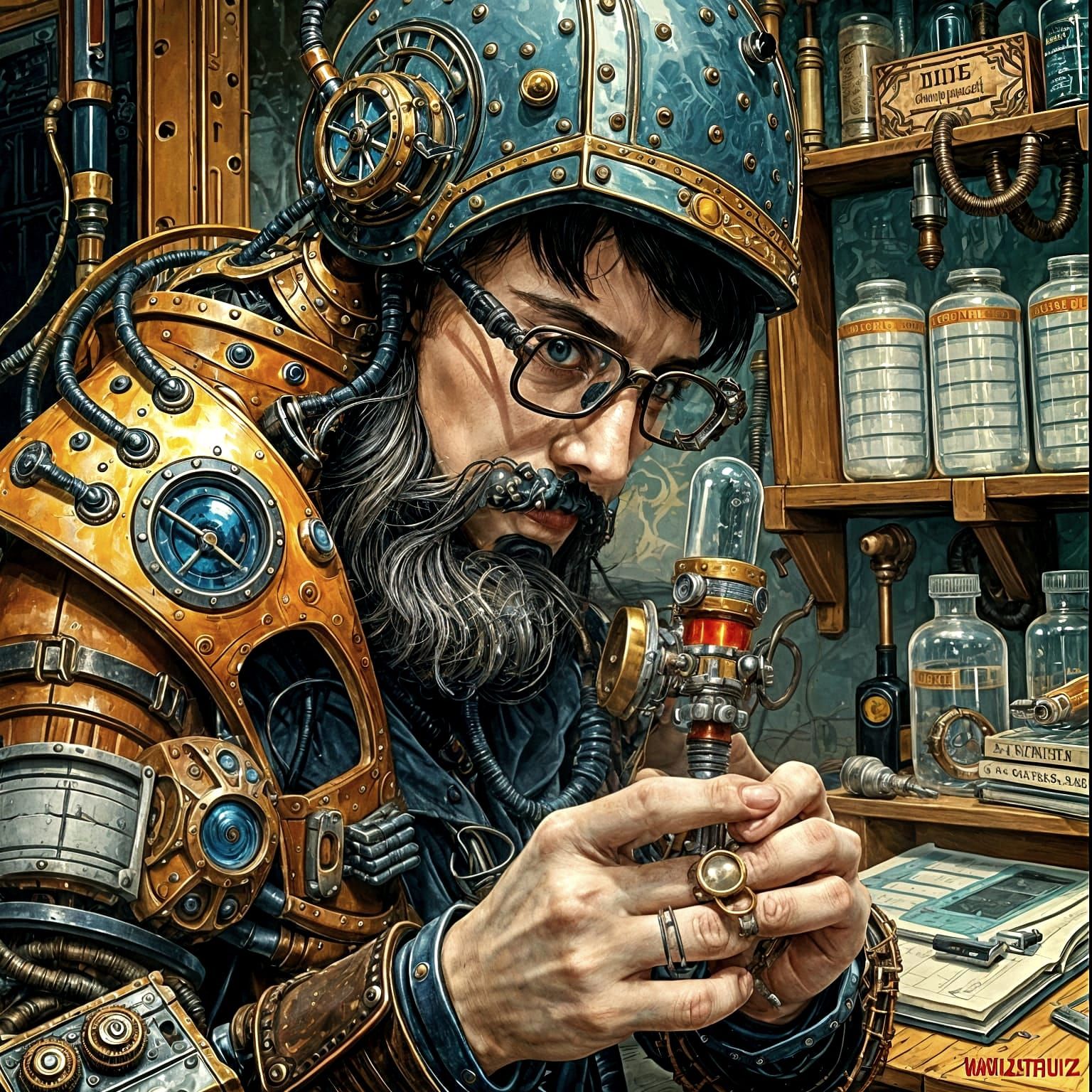 Steampunk Alchemist Works on Futuristic Mechanical Cleaner R...
