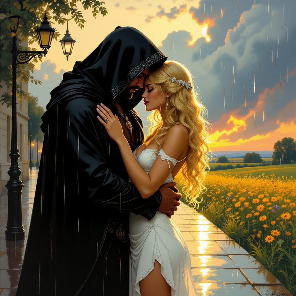 Romantic Embrace in Rain, Moody Art Style