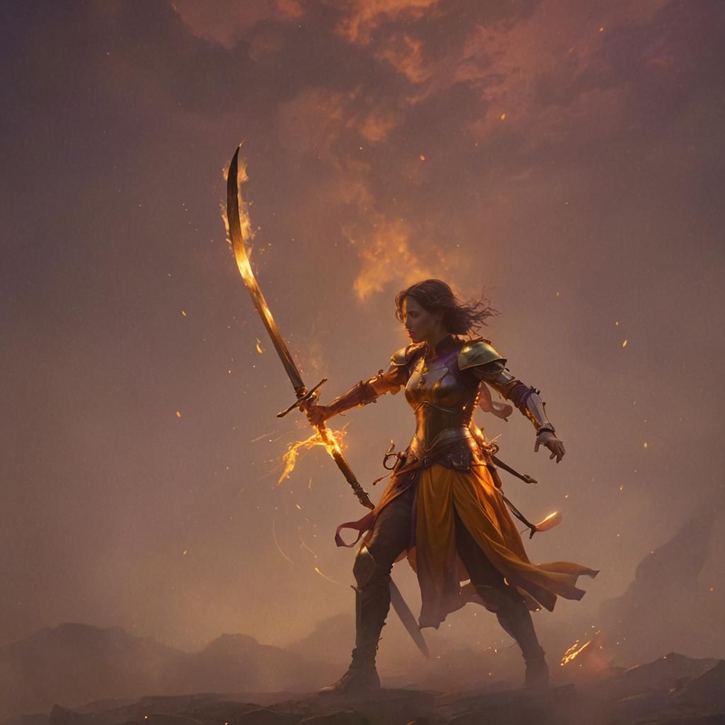 Woman with Sword Walks Through Flames: Digital Matte Paintin...