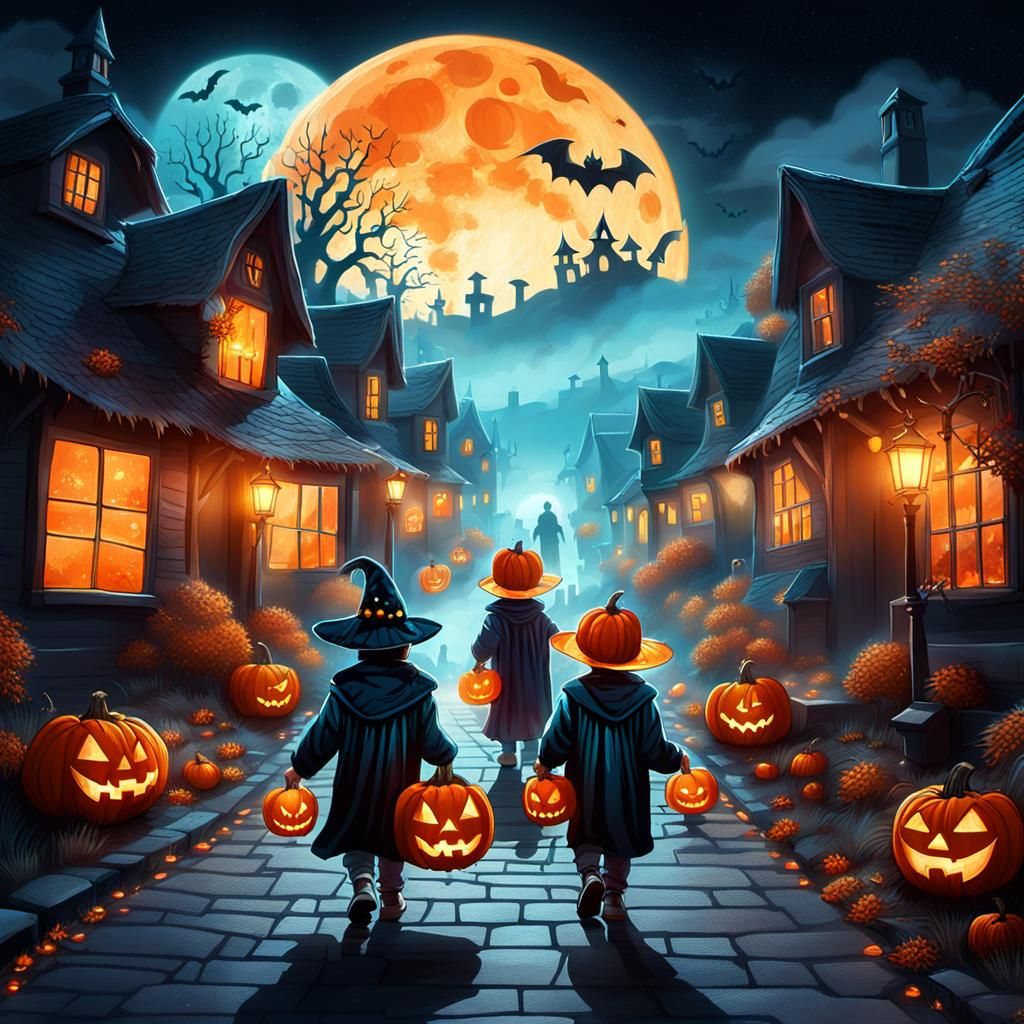 Children Trick-or-Treating on Halloween: Astral Illustration