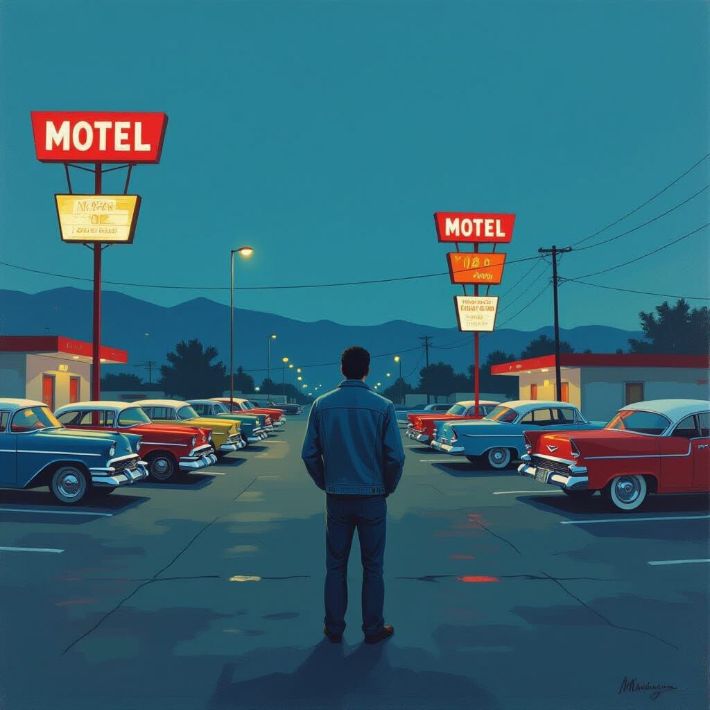 Melancholic Motel Scene in Mexico, Mid-Century Modern Style