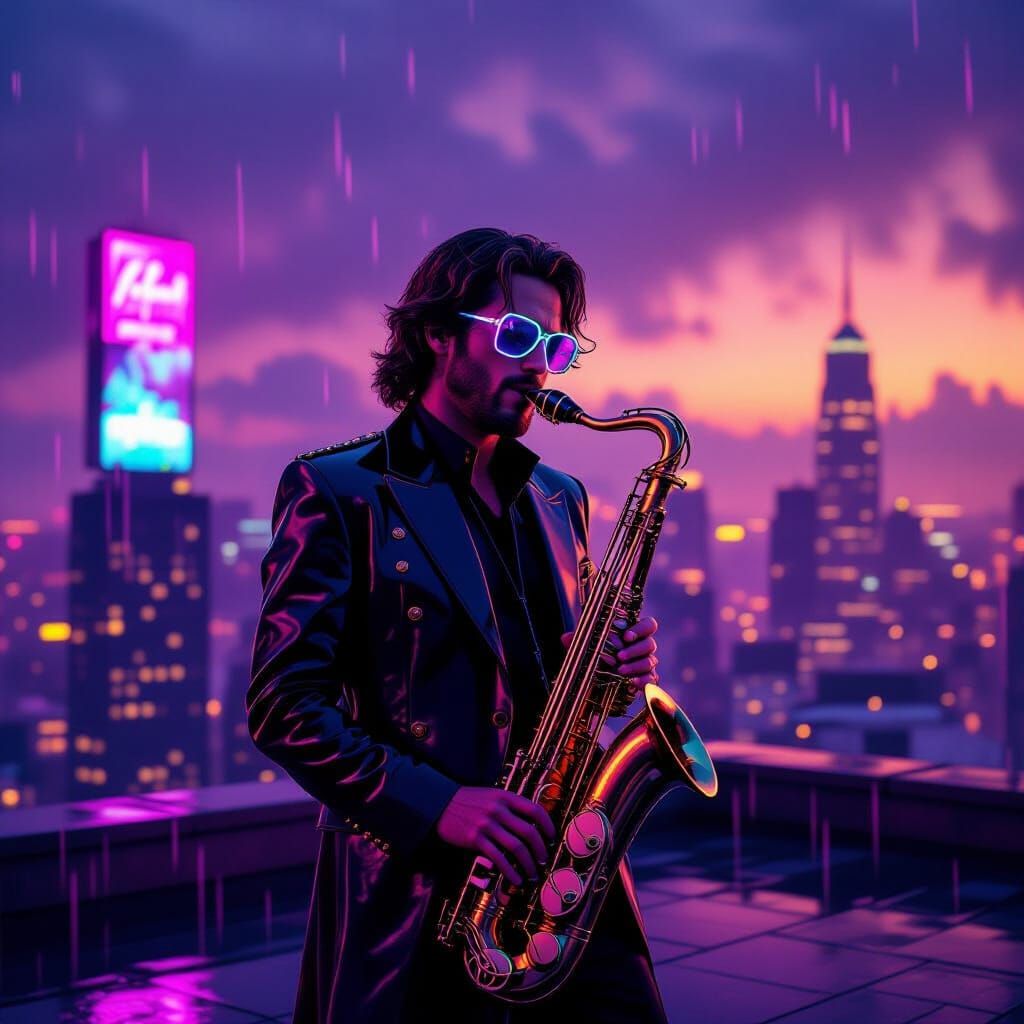 Neon Saxophonist in Violet Rain: A Cyberpunk Jazz Dream