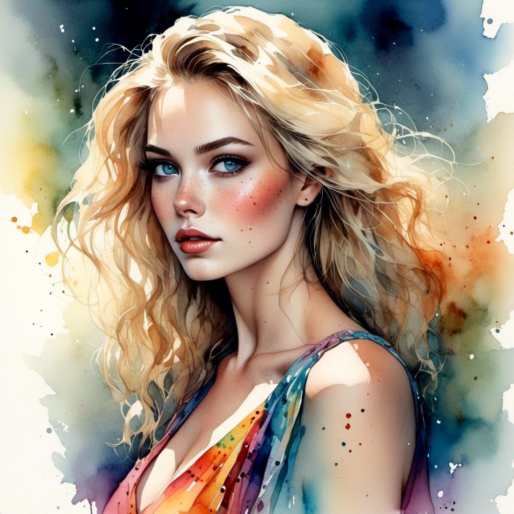 Attractive Blonde Woman in Watercolor Rainbow Dress