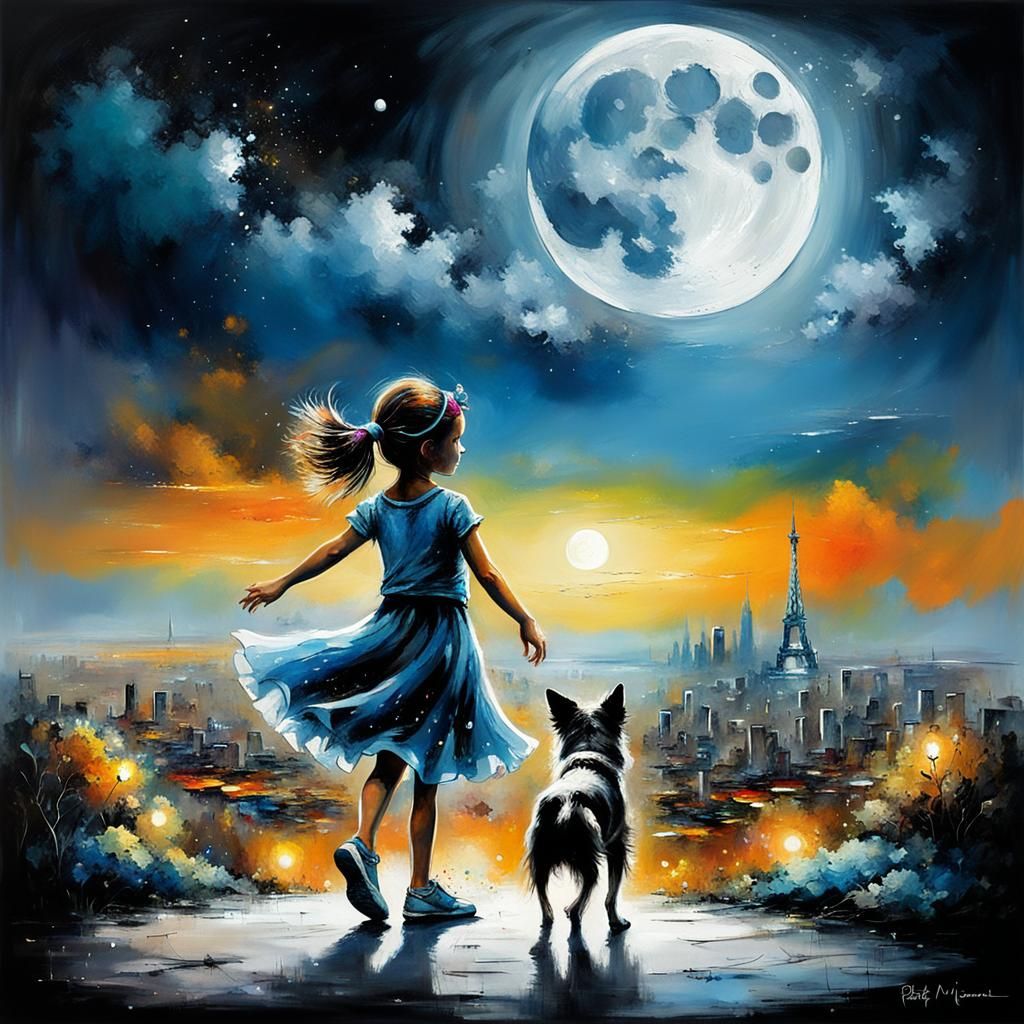 Girl Dancing in Moonlight, Abstract Painting Style