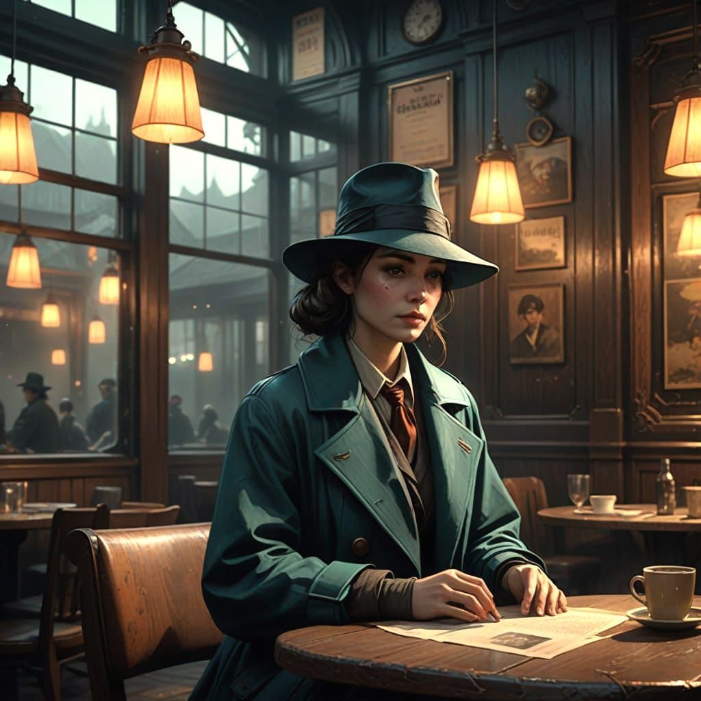 Film Noir Café Scene with a Single Lady Waiting in Triadic C...