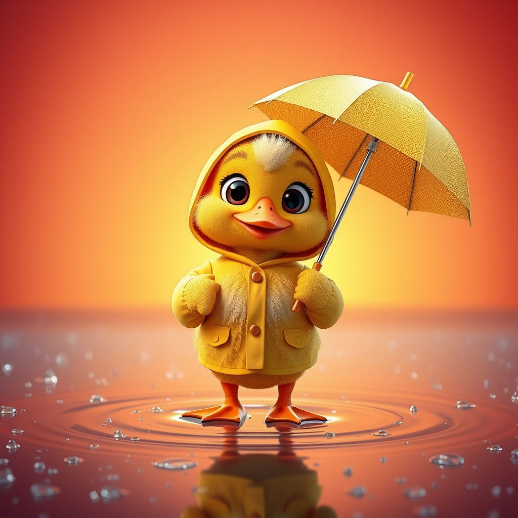 Cartoon Duck in Raincoat with Sunset Background