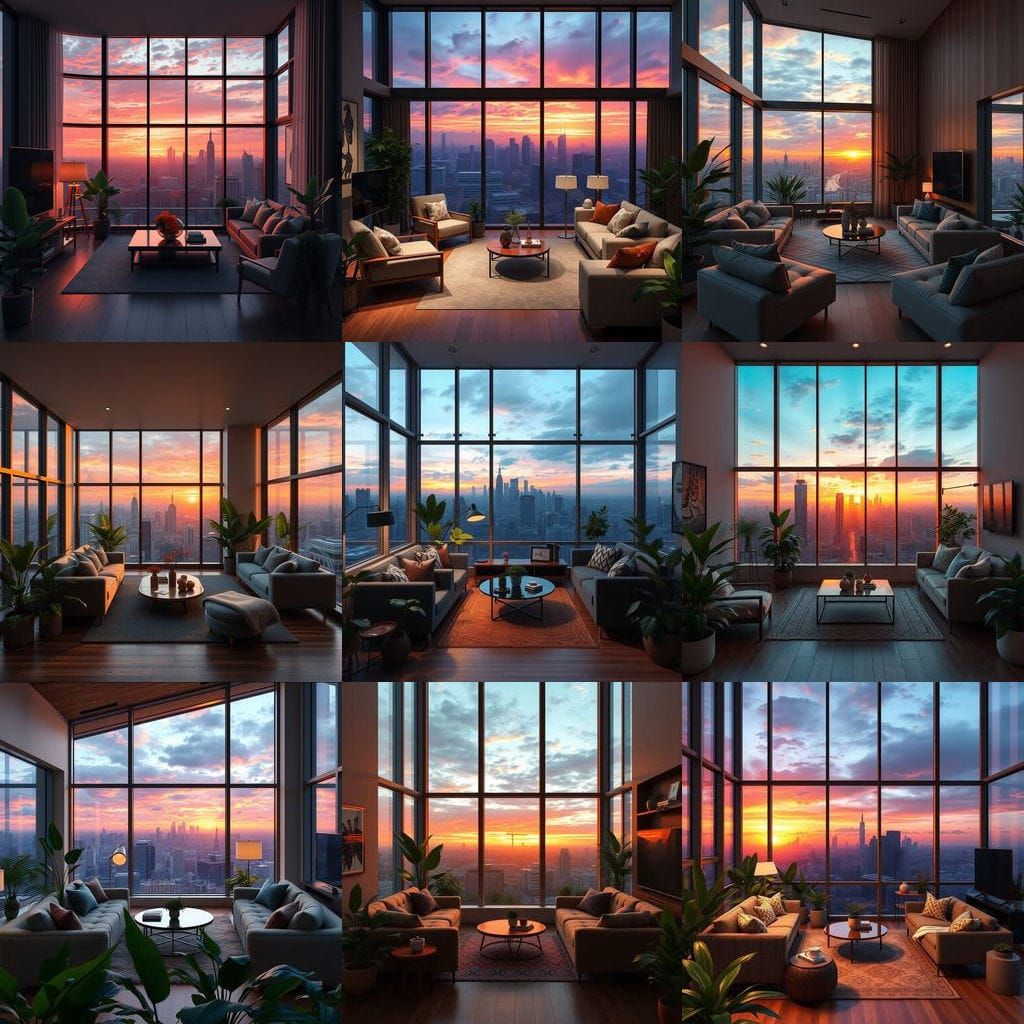 Cosy Sunset Living Room Sanctuary in Vibrant Fantasy Art