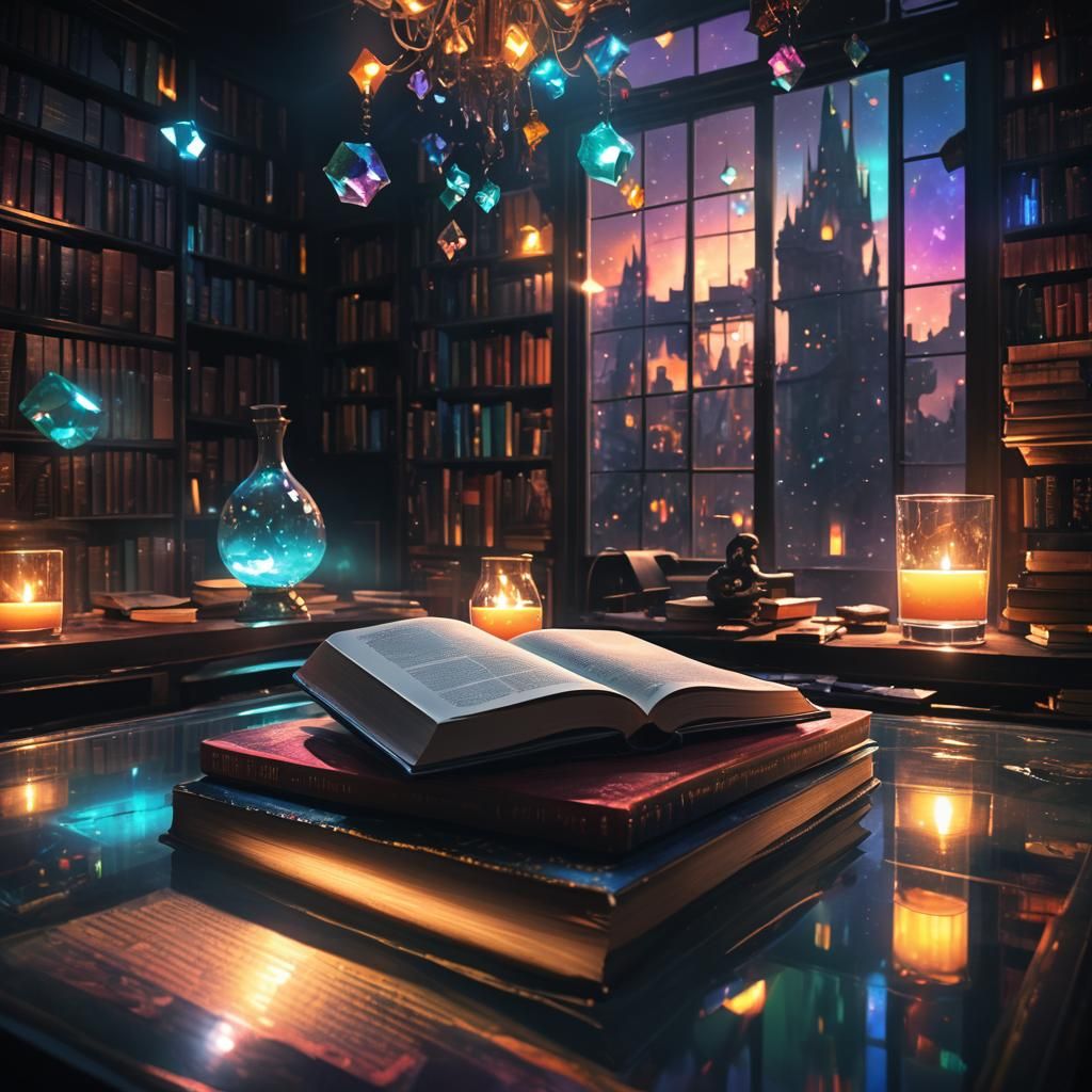 Luminescent Book on Glass Table: Fantasy Concept Art