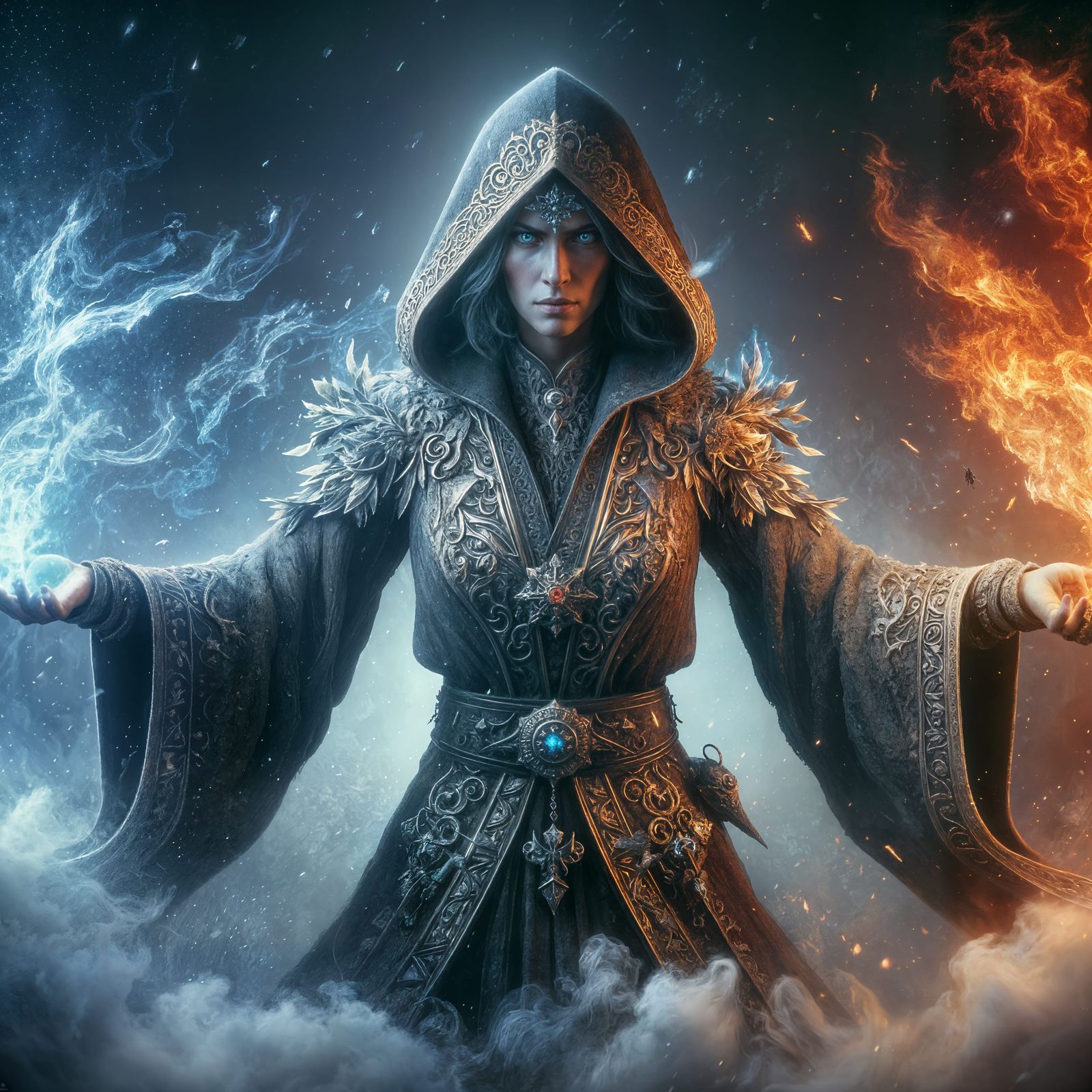 Dual Element Mage in Dark Fantasy Style