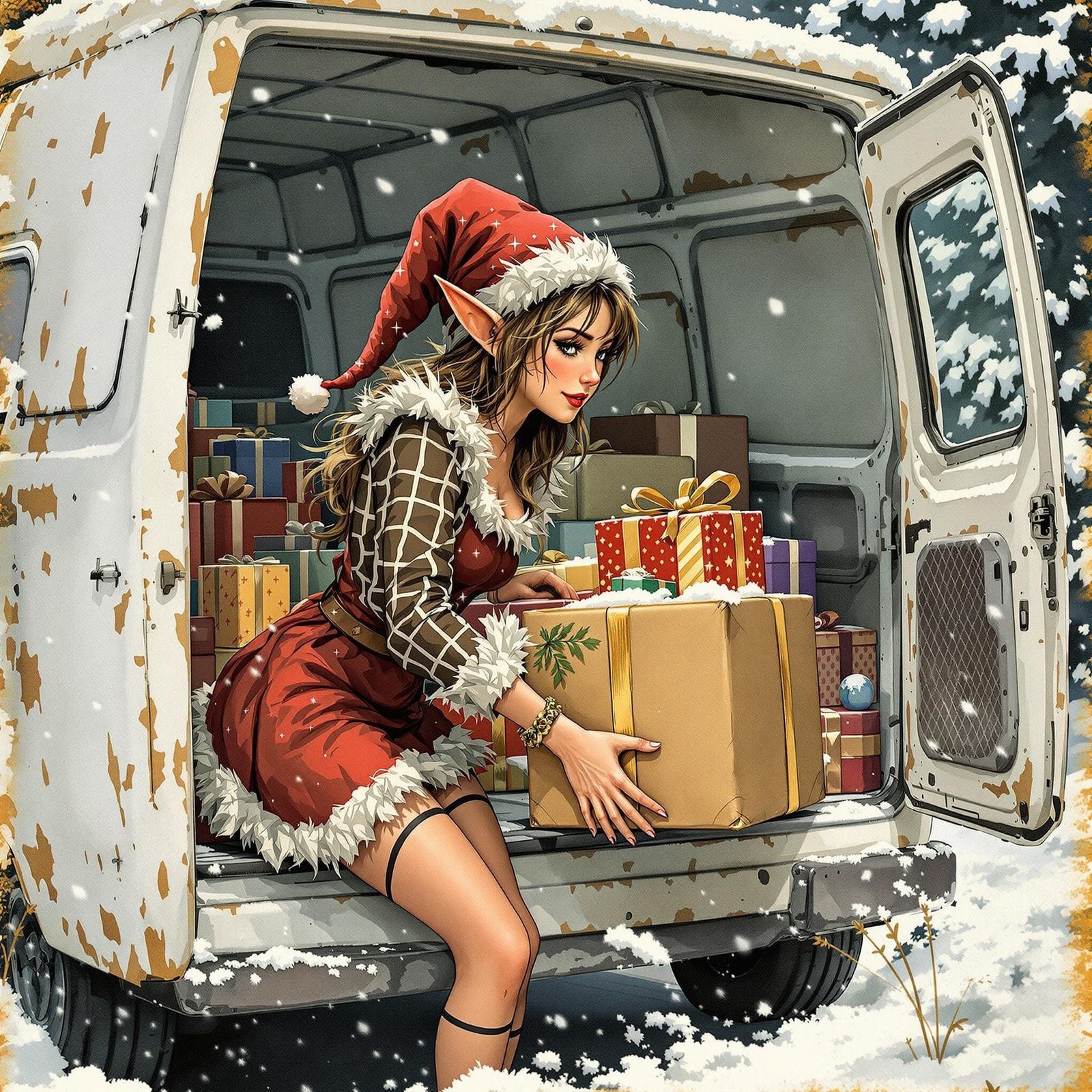 Whimsical Christmas Elf on Delivery in a Vintage White Van