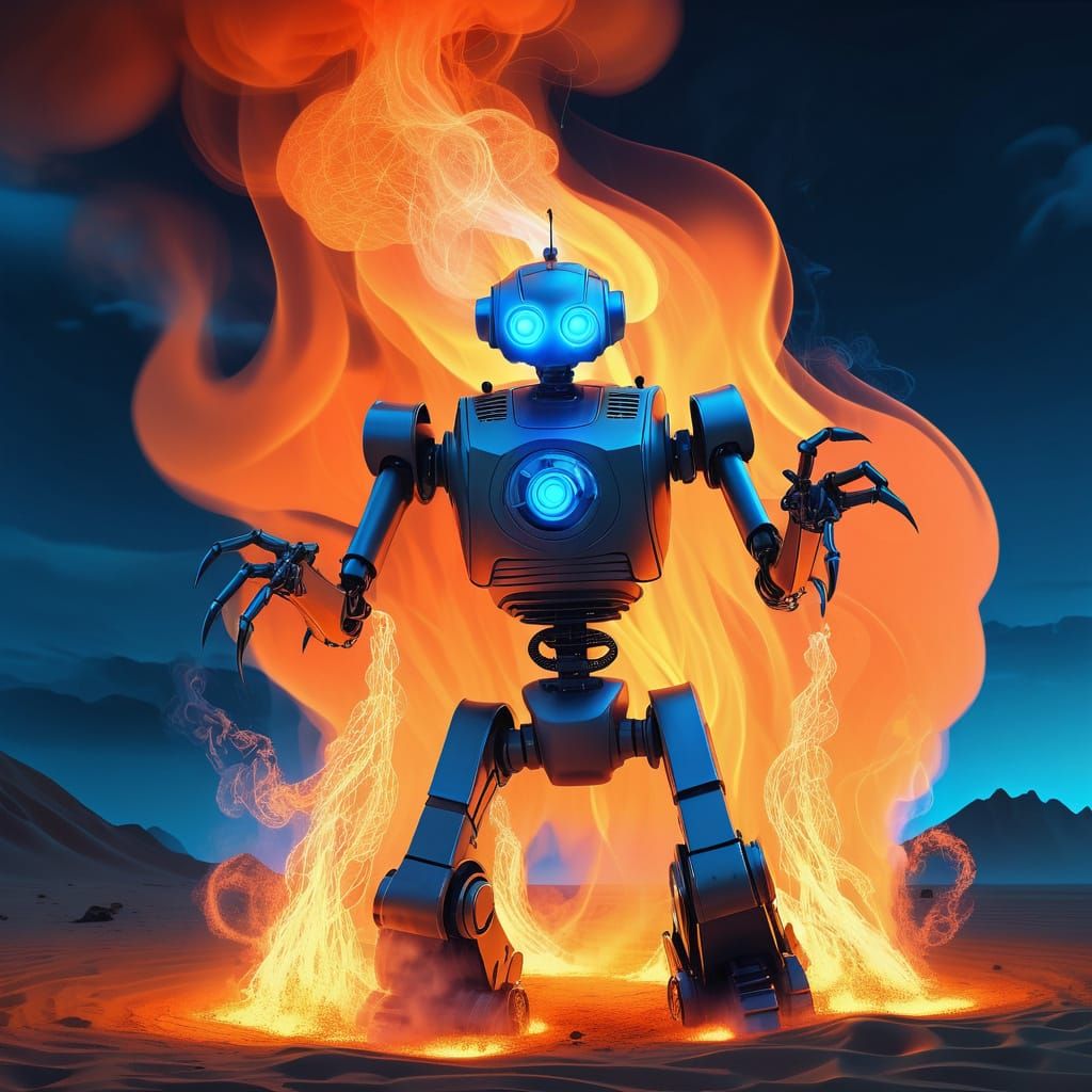 Evil Robot Ghost Dancing at Bonfire in 4k Dye-Transfer Style