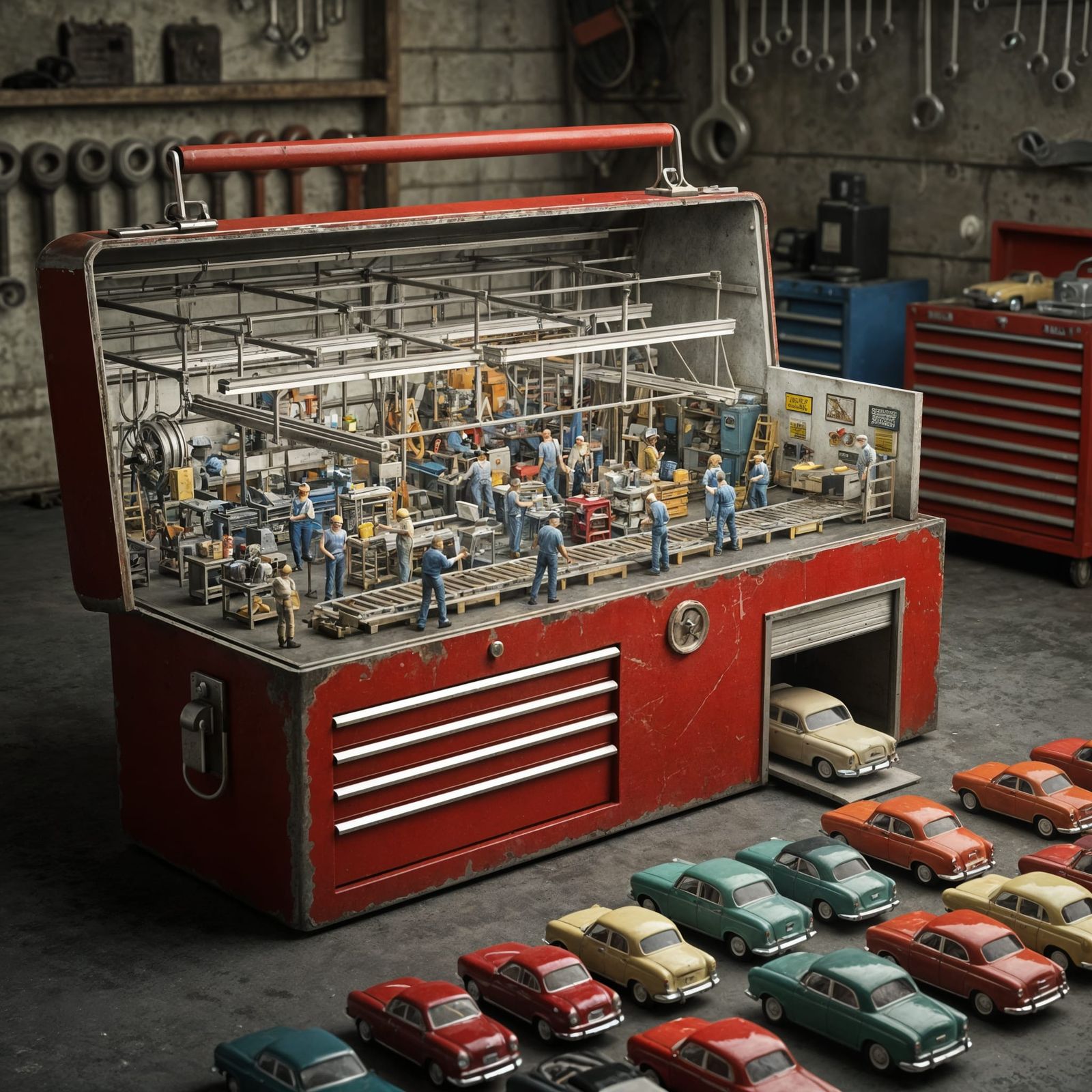 Miniature Car Factory in Toolbox Diorama