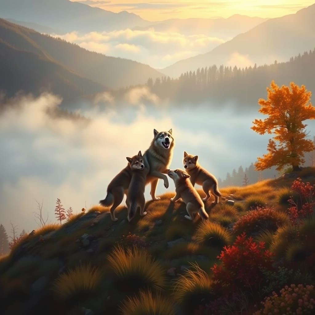 Wolf Pack and Pups Play in Foggy Autumn Valley Sunrise
