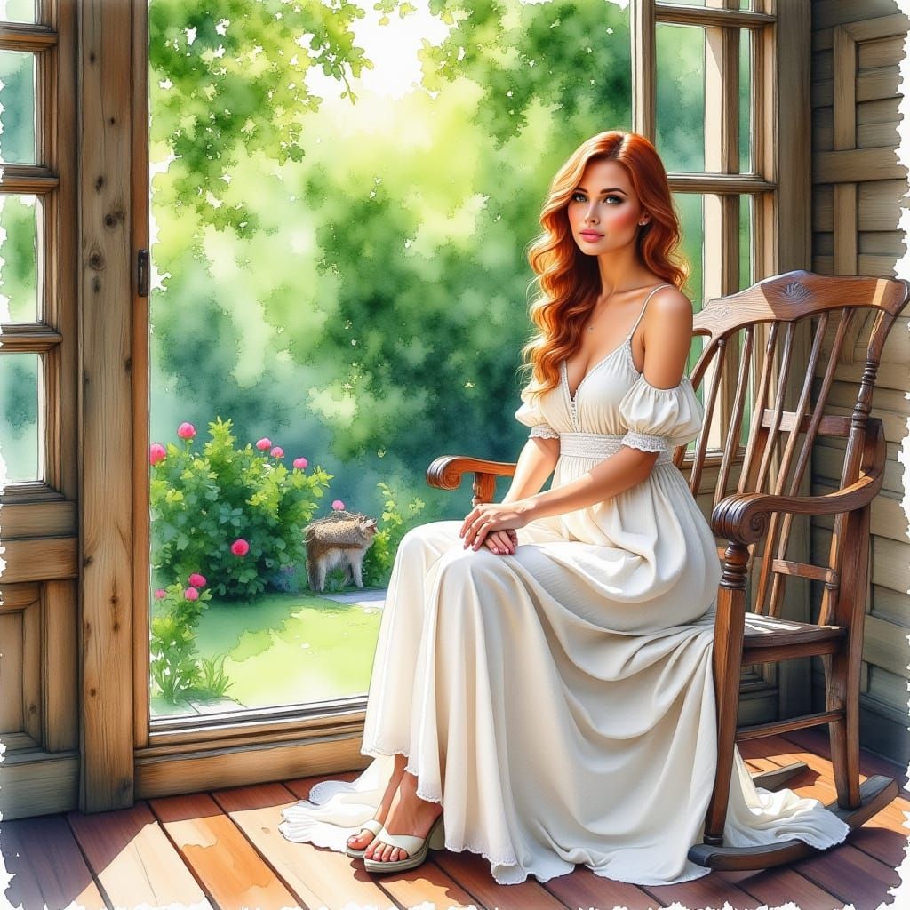 Woman in White Dress in Forest Setting Watercolor Style