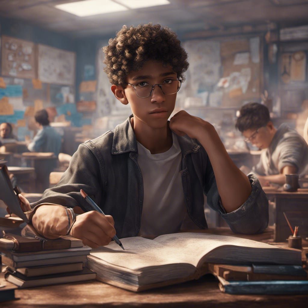 Teenage Boy Studying: Detailed Matte Painting