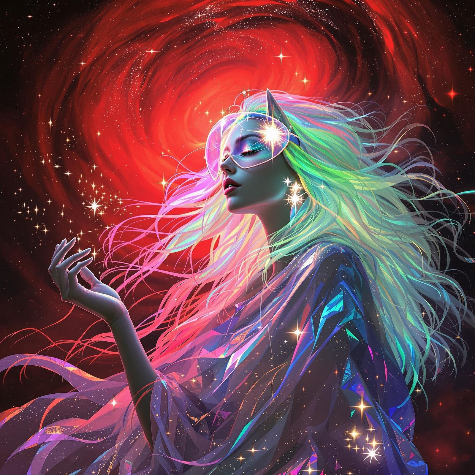 Ethereal Cosmic Fantasy Portrait in a Swirling Red Nebula