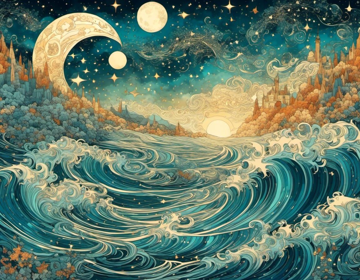 Starry Moonlit Sky with Abstract Fractals and Ocean Waves