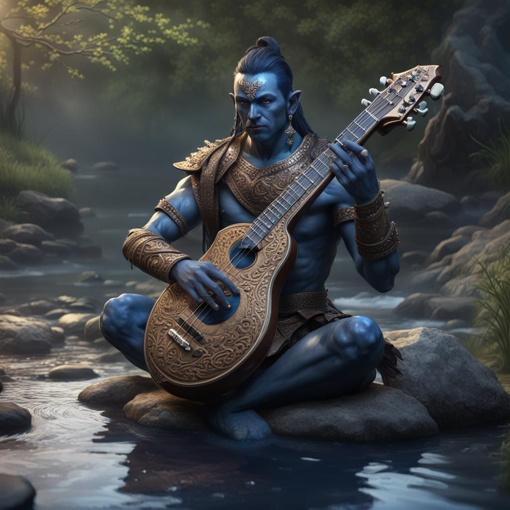 Dark Blue Water Spirit Bard in River Scene