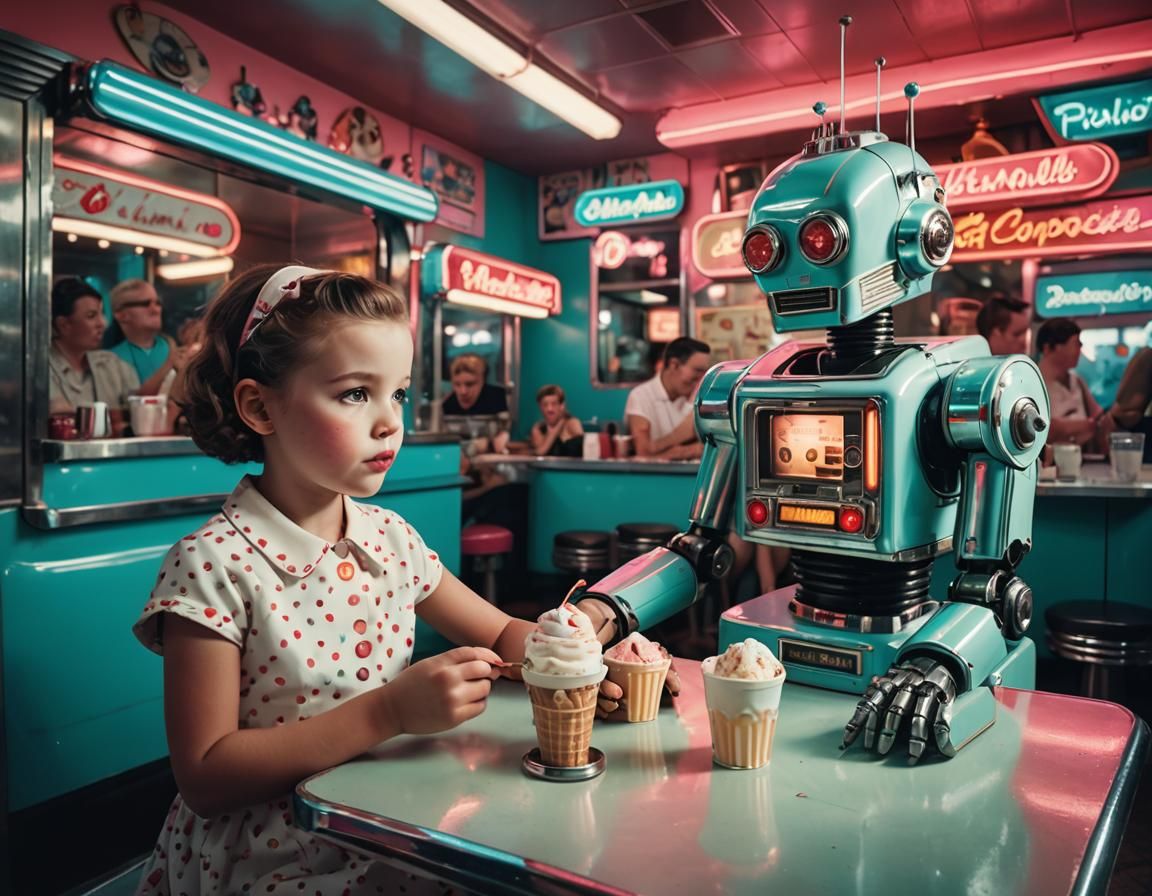 Child Shares Ice Cream with Robot in Pop Art Diner