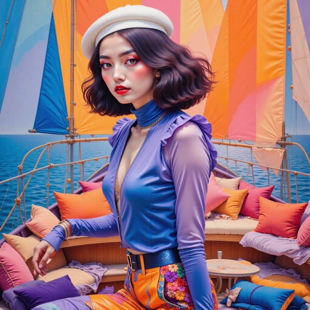 Elegant Woman Explores Abandoned Sailboat in Futuristic Styl...