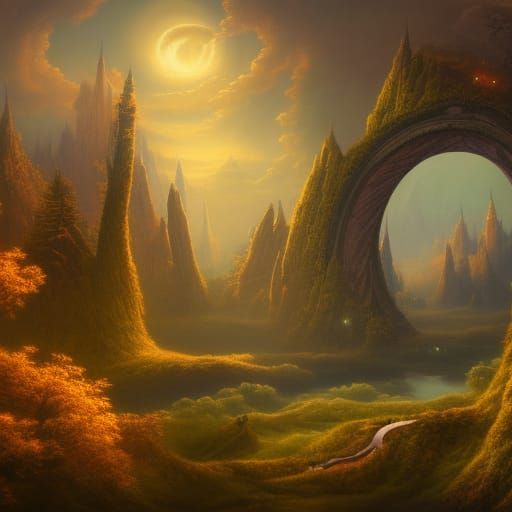 Gilded Sphere with Fireworks in Ethereal Landscape