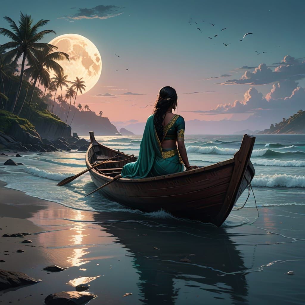 Ethereal Indian Goddess on the Moonlit Ocean