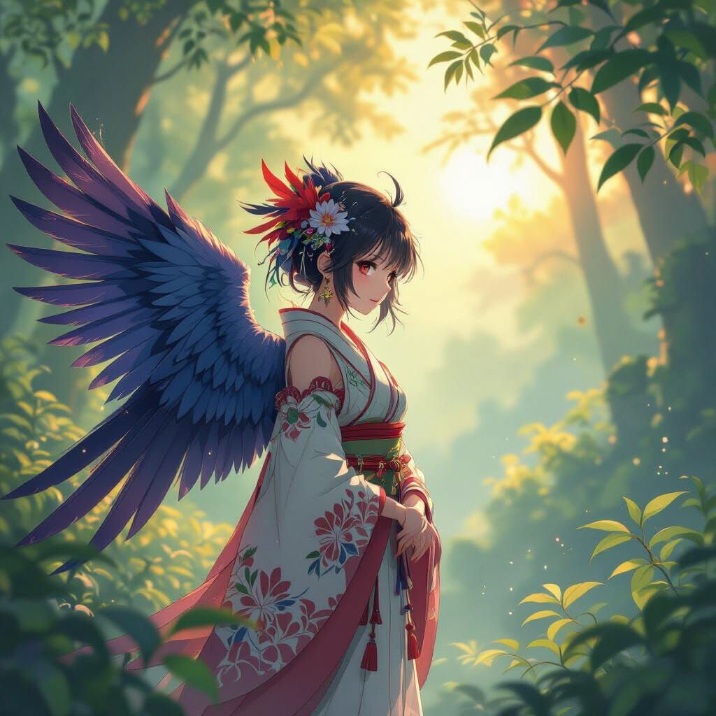 Anime Bird Girl in Mystical Forest at Dawn