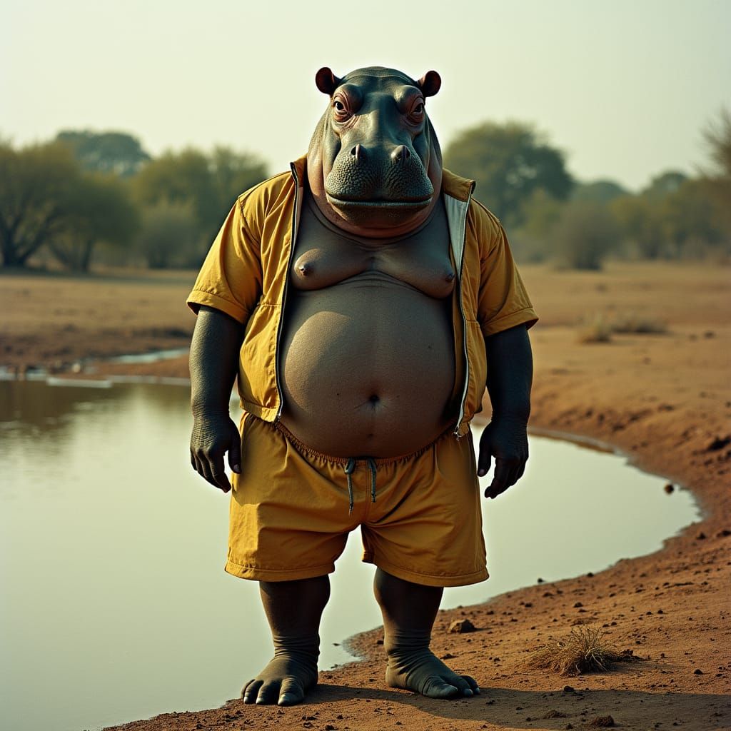 Anthropomorphic Hippo Resting by Murky Watering Hole