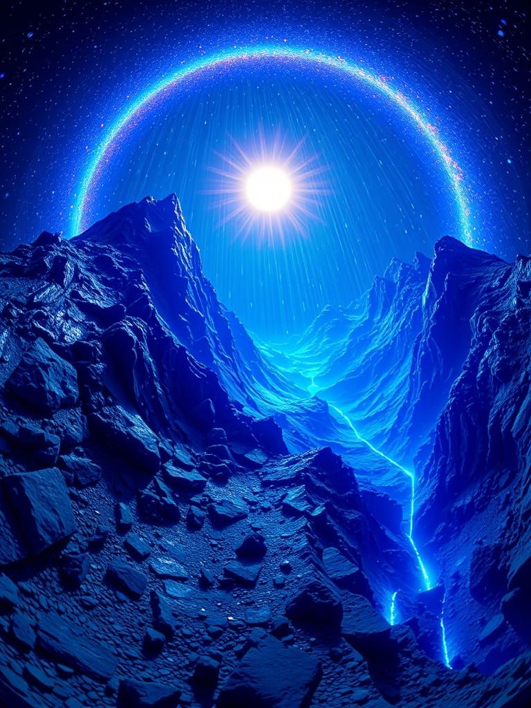 Bioluminescent Mountains with Sapphire Sun in 8K